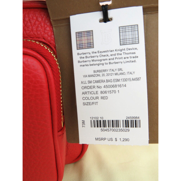 $1290 BURBERRY RED LOGO PEBBLE LEATHER ZIP CROSSBODY CAMERA BAG Made in Italy - Picture 14 of 14